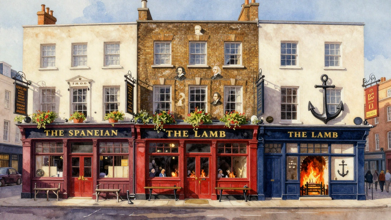 Surreal blend of three historic London pubs with floating portraits and hand-painted signs in golden light.