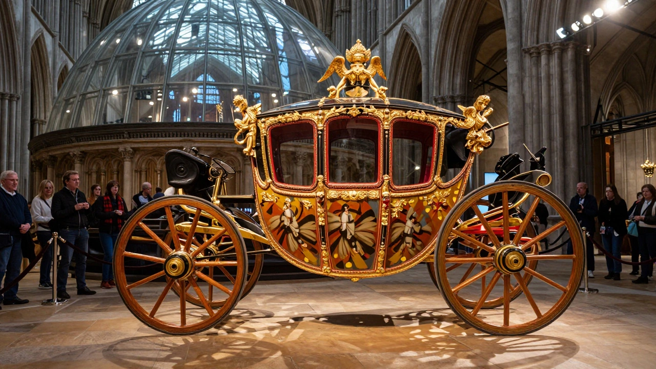 The Gold State Coach under a glass dome, its gold leaf and carved angels glowing in focused light.