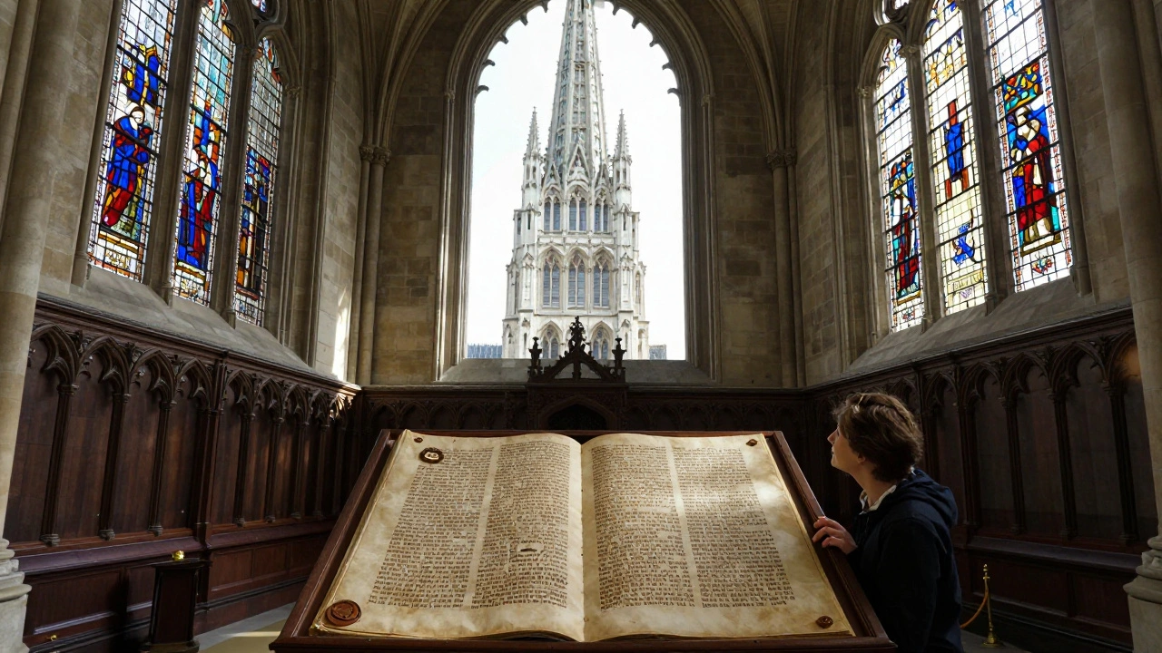 The Magna Carta on display in Salisbury Cathedral's Chapter House, illuminated by stained glass sunlight.