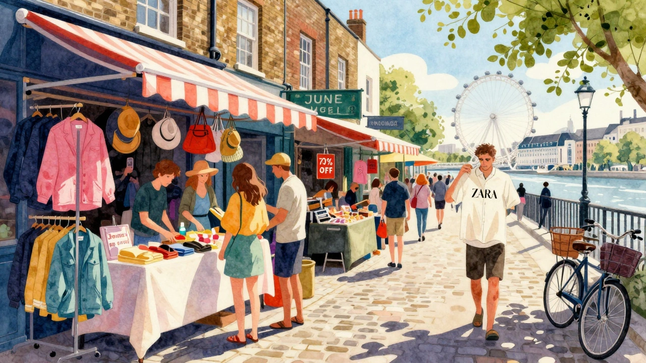 Tourists browsing summer clothing stalls at Camden Market with '70% OFF' signs under colorful awnings.