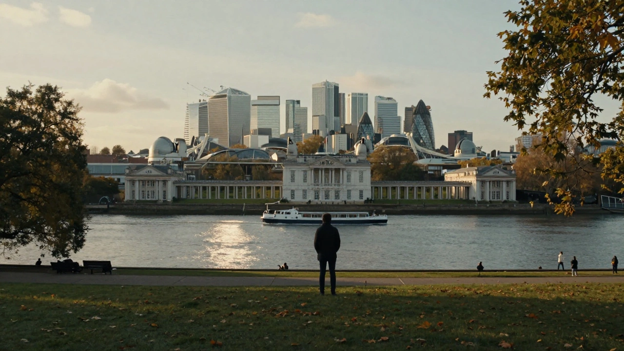 View from Greenwich Park showing the Thames, O2 Arena, and Tower Bridge at golden hour.