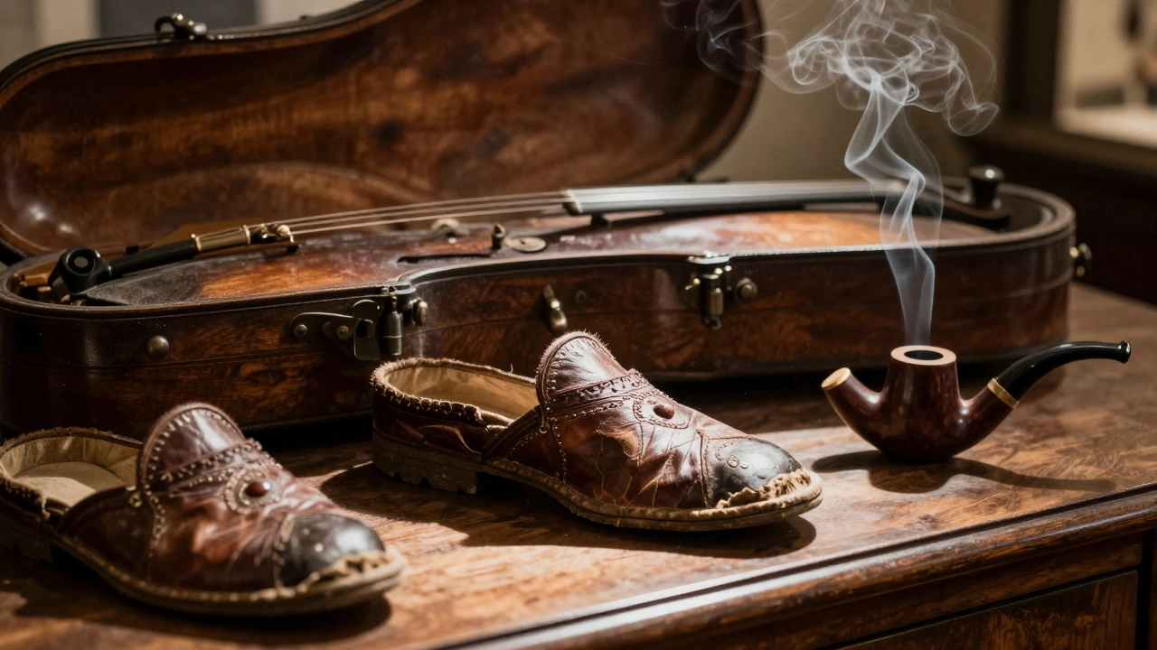 Vintage detective artifacts including slipper and violin case