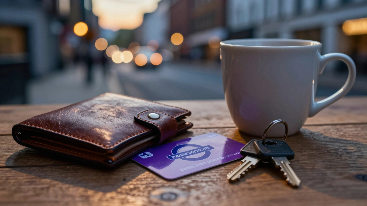 Wallet, transport card, and keys on table representing budget.
