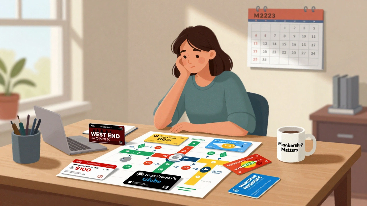 Young woman arranging theatre membership cards on a desk with savings icons and show dates visible.