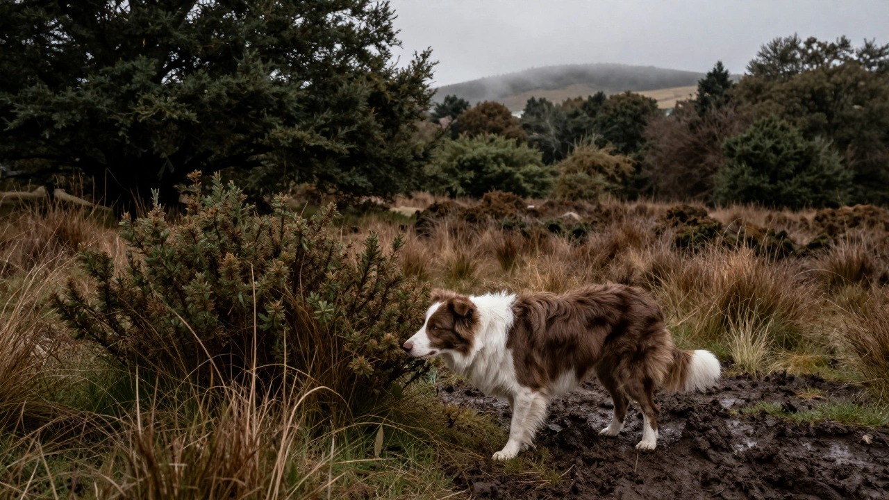 A Border Collie exploring the wild, muddy woodlands and meadows of Hampstead Heath.