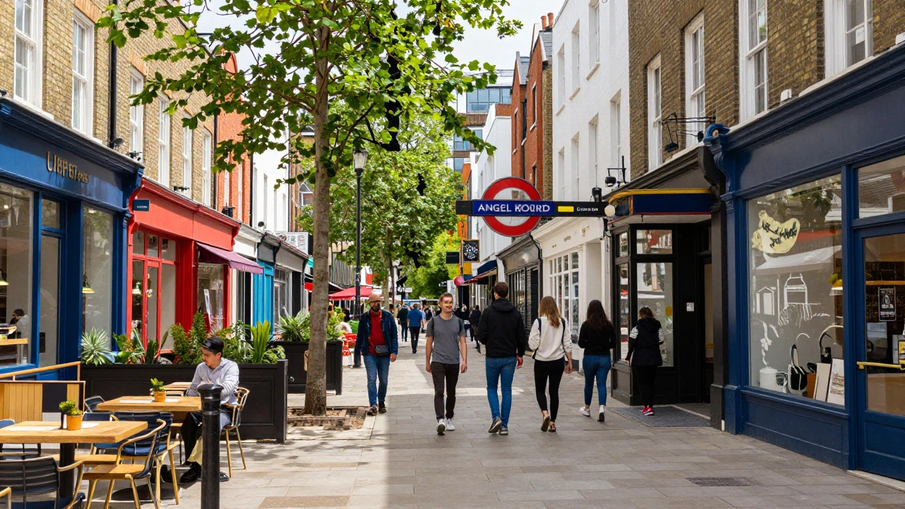 A bustling street scene with shops and cafes in the Angel area of Islington.