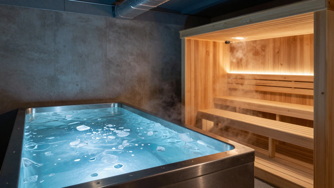 A cold plunge pool next to a steaming Finnish sauna for contrast therapy.