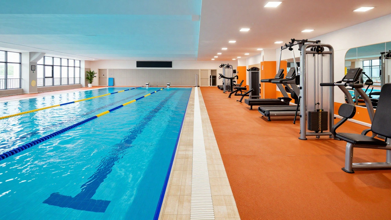 A combined view of a public swimming pool and gym facility