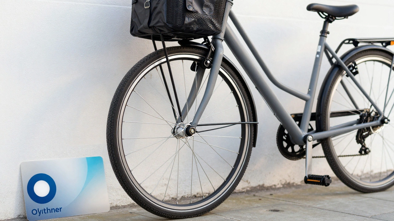 A commuter bike and gear parked in the city, symbolizing savings over transit cards.