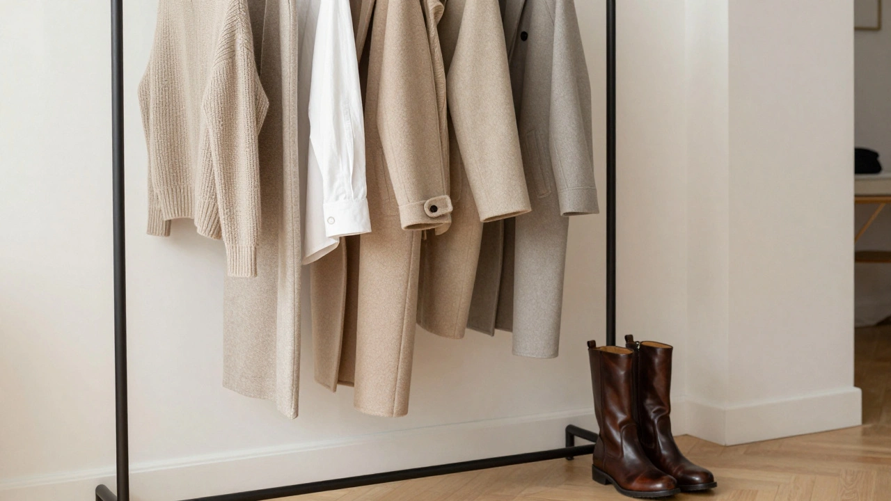 A curated capsule wardrobe with high-quality, sustainable clothing on a rail.