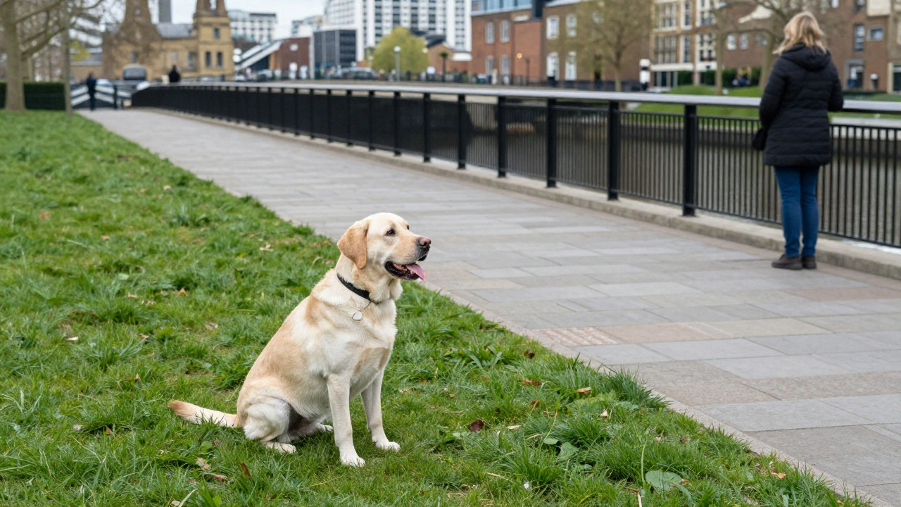 A disciplined Labrador sitting on the grass in Battersea Park next to a wide pedestrian path.