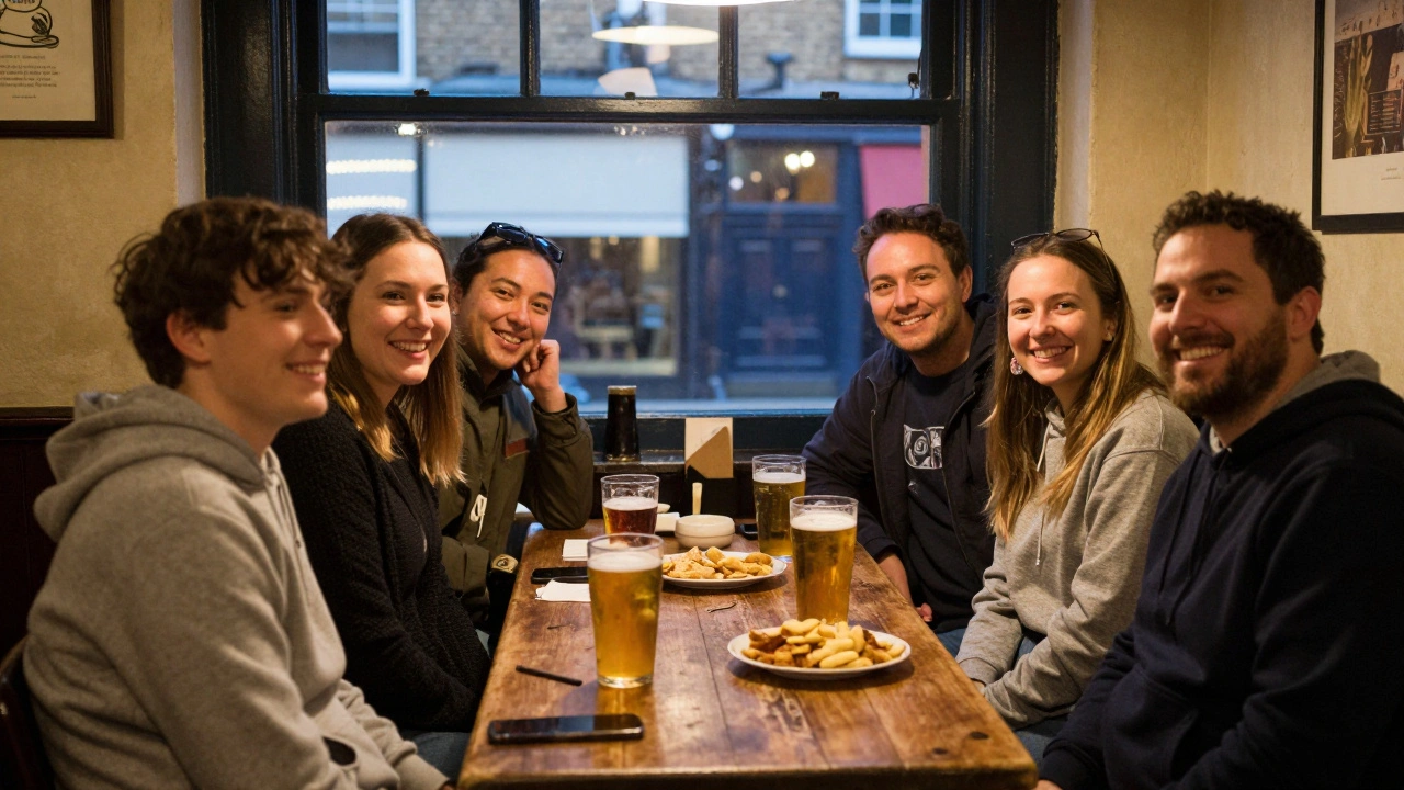 A diverse group of friends socializing and laughing at a traditional London pub during a culture crawl.