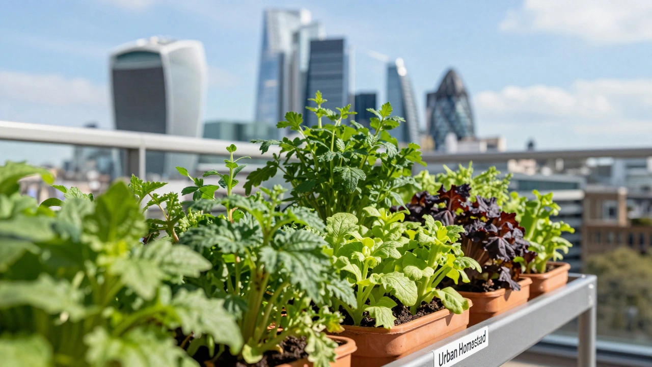 A lush hydroponic balcony garden with the London skyline in the background.