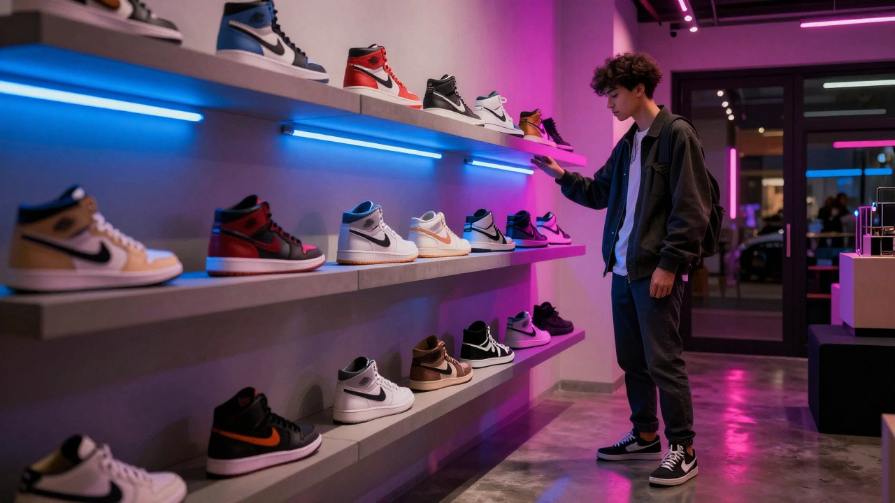 A modern sneaker boutique in Soho with neon lighting and limited-edition shoes on shelves