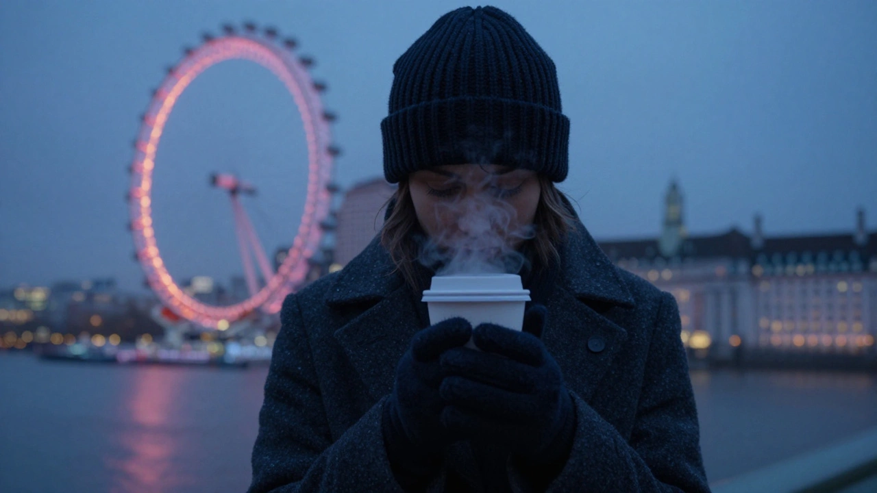 A person in a heavy wool coat and beanie during a dark, misty winter evening in London.