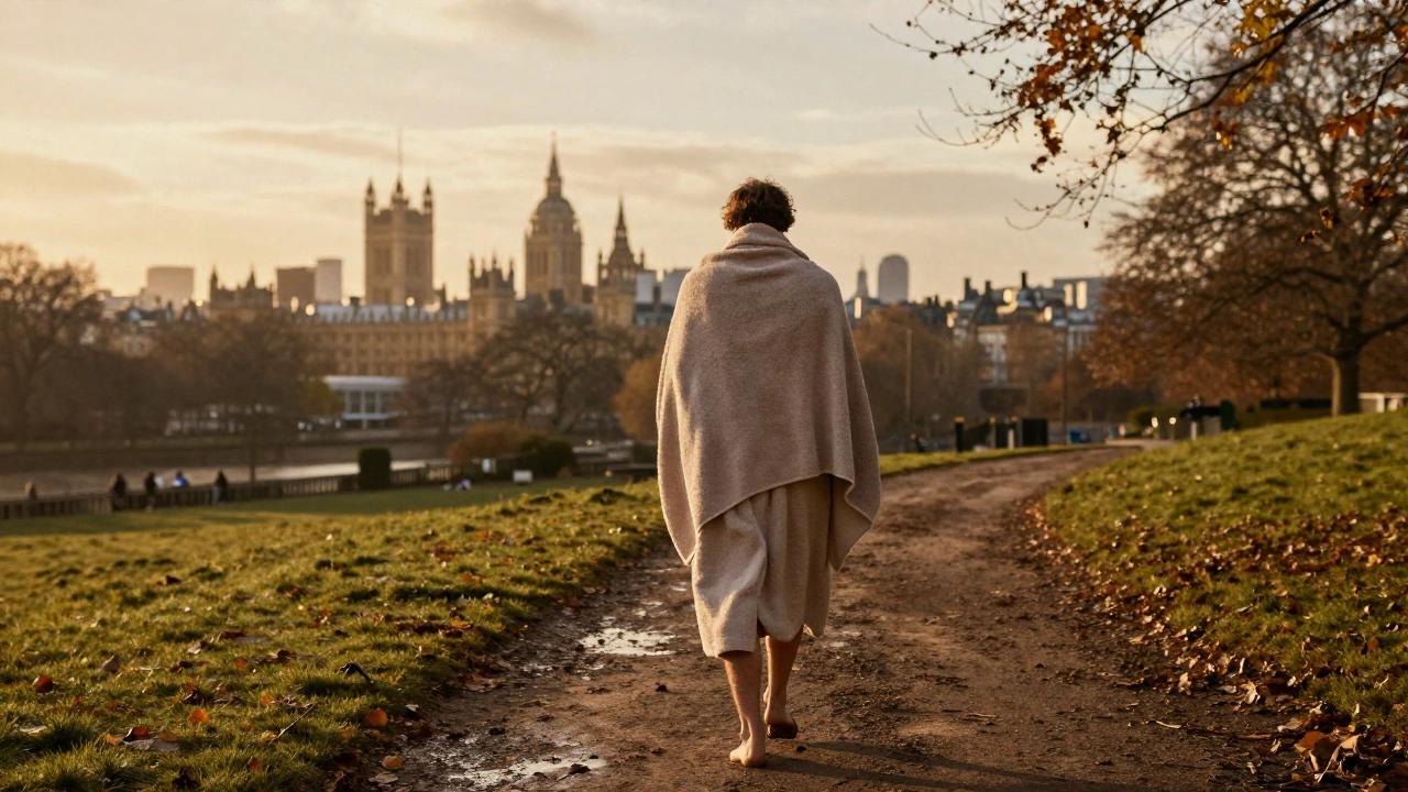 A person in a warm robe walking on a muddy path at Hampstead Heath with a view of London city.