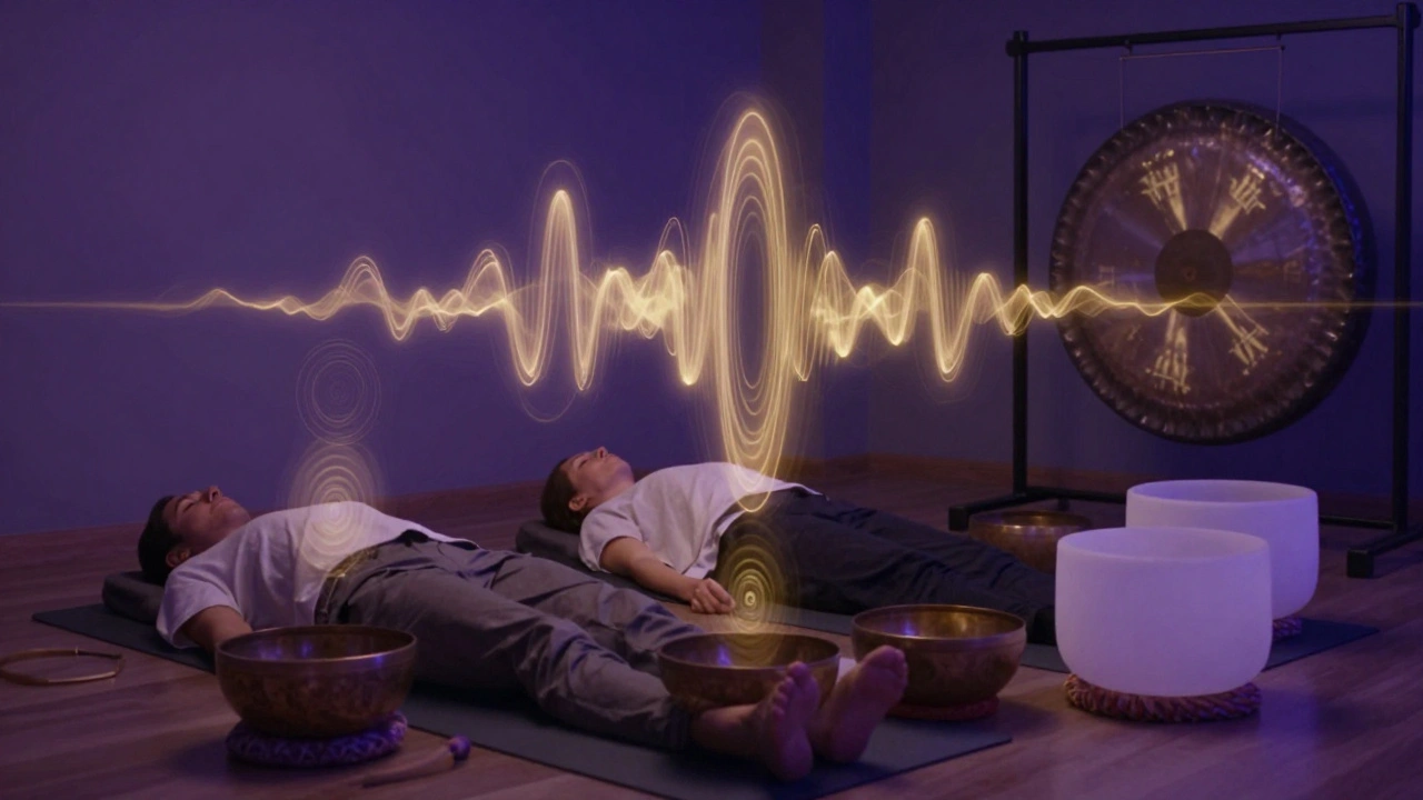 A person meditating during a sound bath with Tibetan singing bowls.