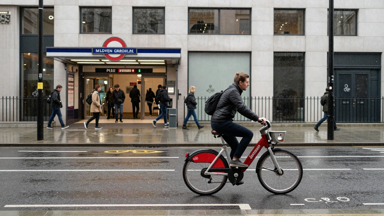 A person riding a hire bike on a segregated lane near a London Tube station entrance.