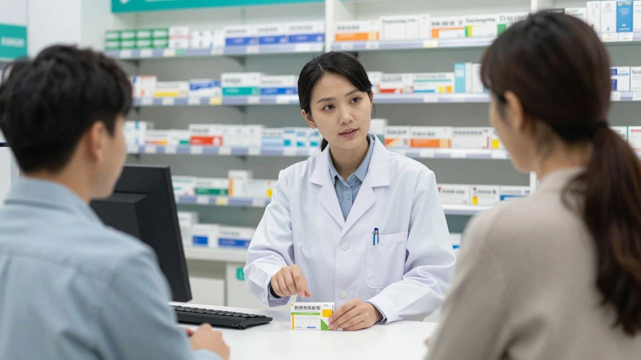 A pharmacist in a white coat giving medical advice to a customer in a clean pharmacy.