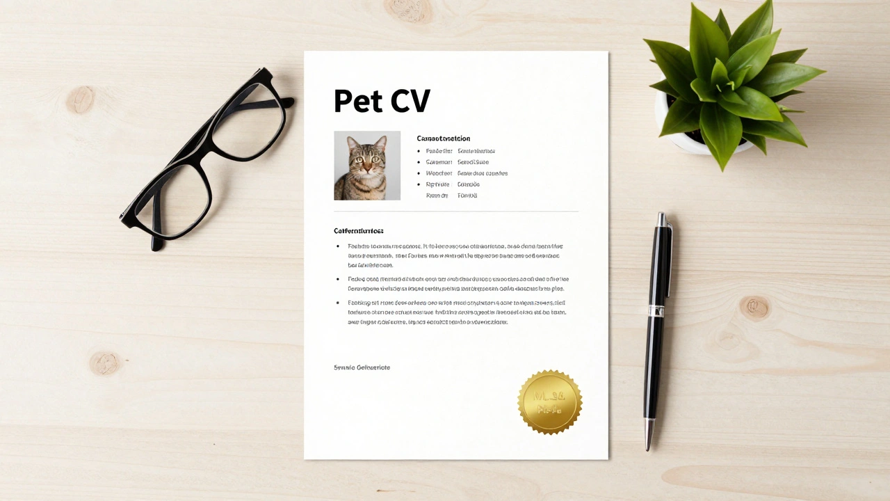 A professional Pet CV document and reference letter laid out on a wooden desk.