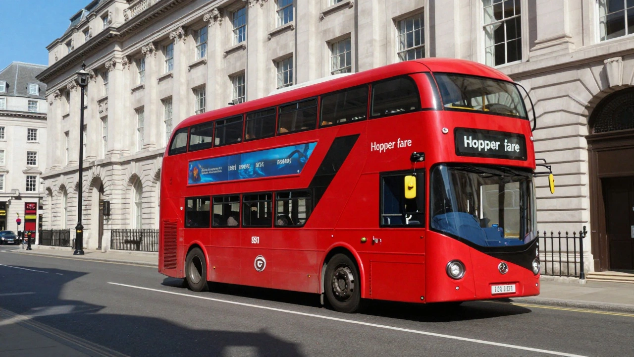 A red double-decker bus driving through a sunny London street.