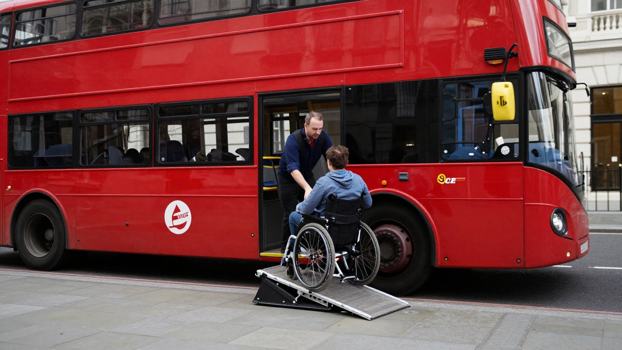 A red London bus with its accessibility ramp deployed for a wheelchair user