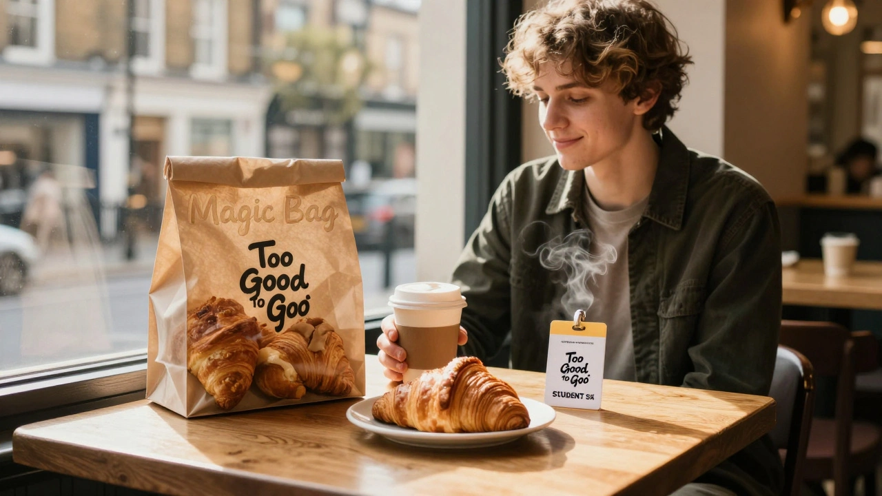 A student's budget meal with a Too Good To Go bag and student ID in a London cafe.