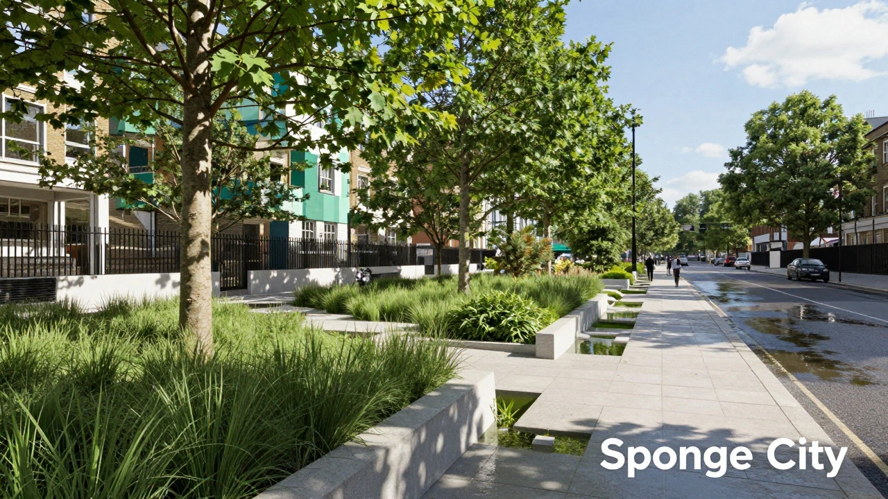 A sustainable London street featuring rain gardens and permeable pavements to prevent flooding