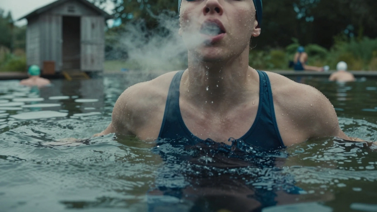 A swimmer emerging from a cold pond at Hampstead Heath with visible breath in the freezing air.