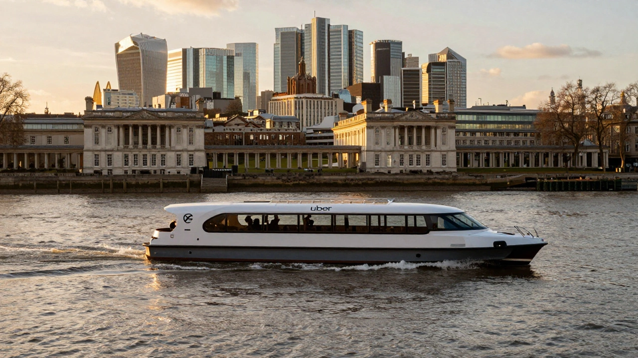 A Thames Clipper river bus commuting on the river between Greenwich and Canary Wharf