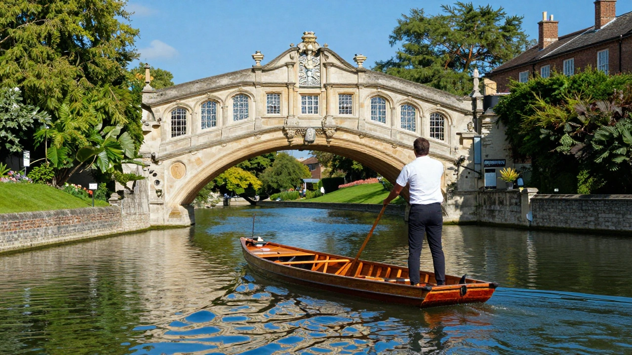 A traditional punting boat on the River Cam with the Bridge of Sighs in the background.