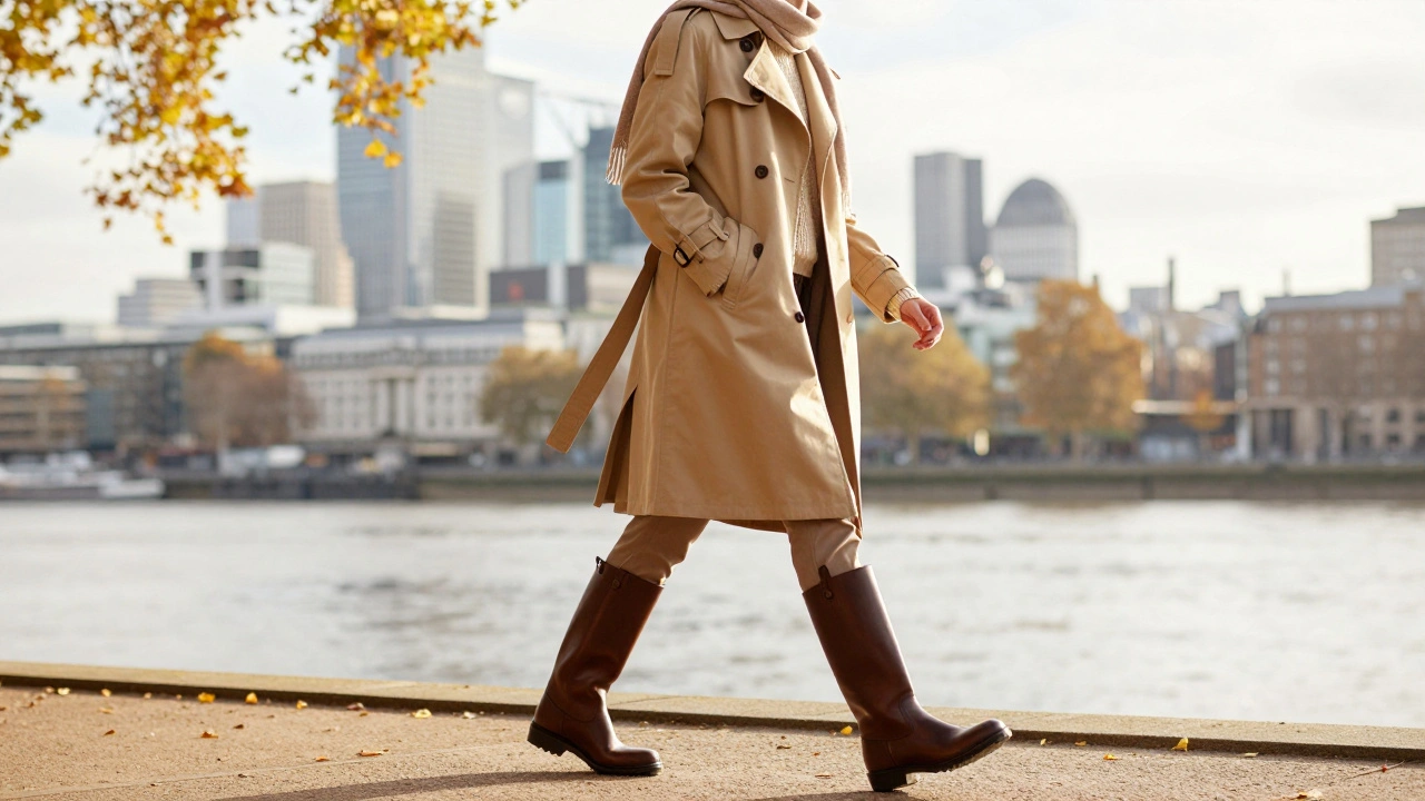 A traveler wearing a trench coat, sweater, and scarf while walking along the South Bank in autumn.