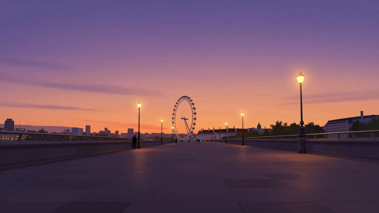 A wide, flat paved promenade on London's South Bank leading toward the London Eye