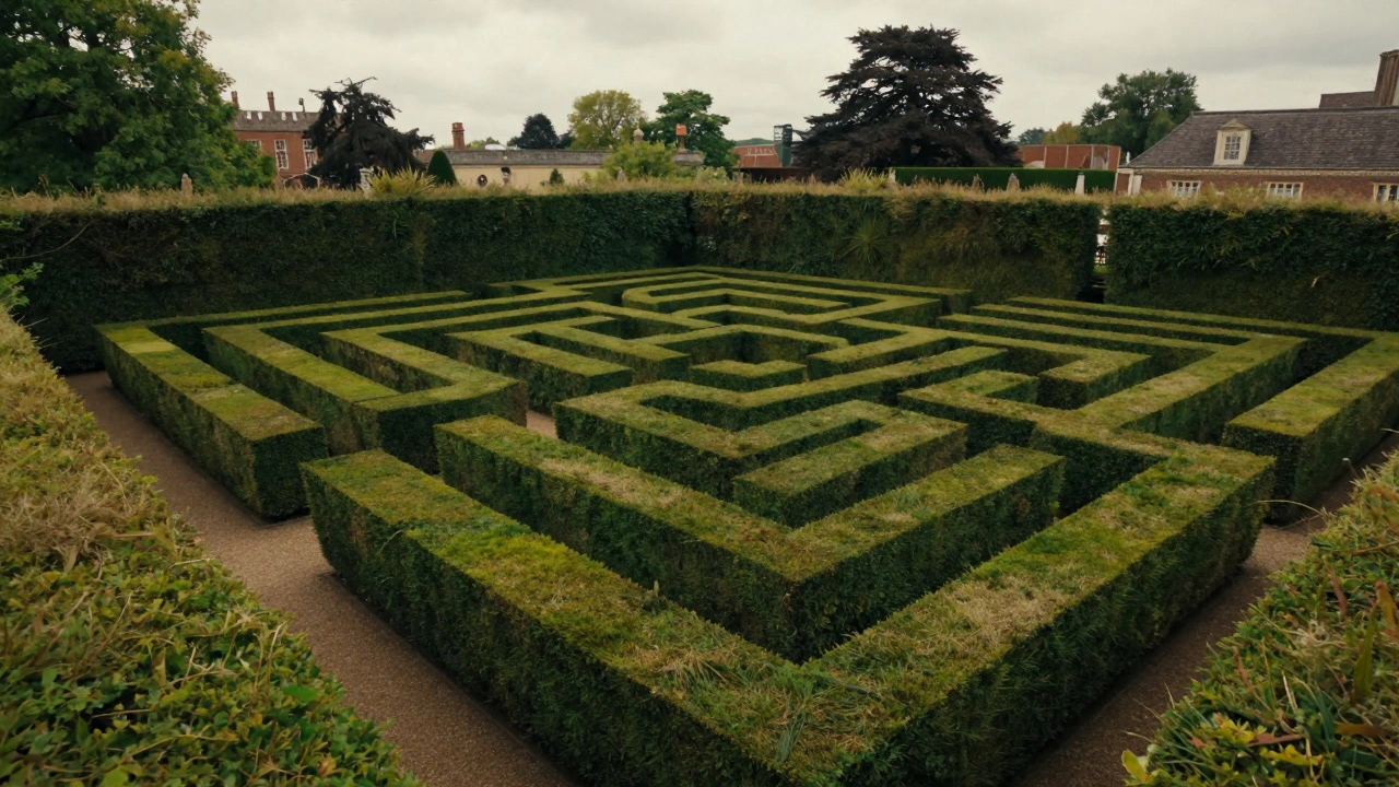 Aerial view of the intricate green hedge maze in the palace gardens