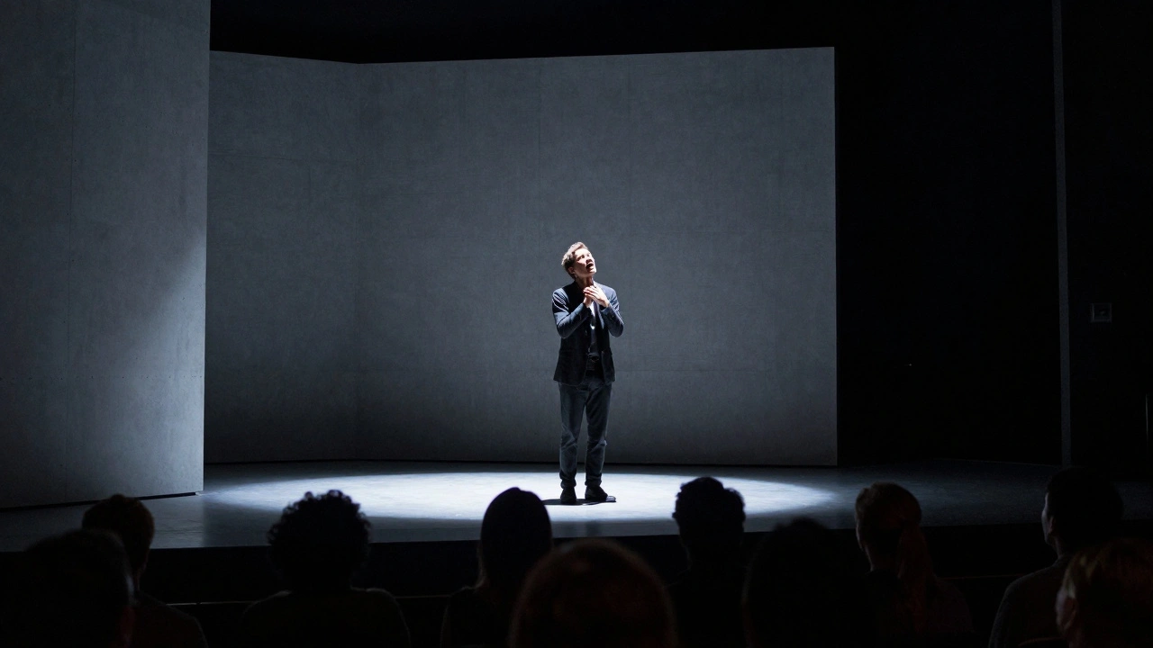 An intimate and dramatic theatre scene with a spotlight on an actor in a minimalist set.