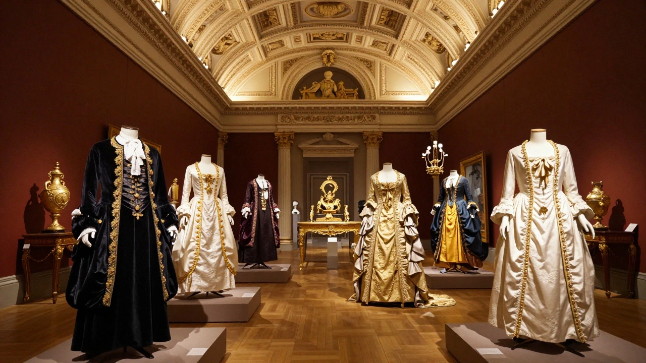 An ornate gallery in the V&amp;A Museum featuring historic French fashion and gilded architecture.