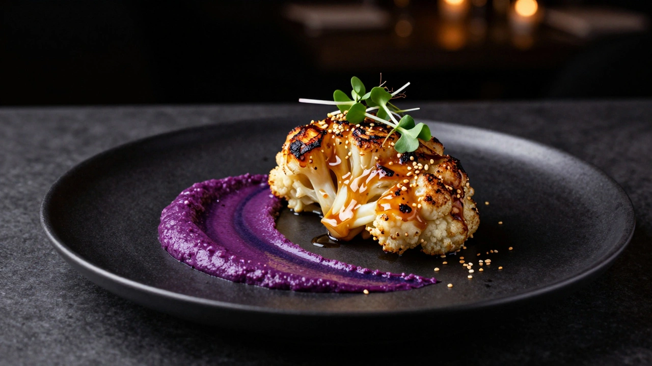 Artfully plated vegan cauliflower steak with colorful vegetable puree and micro-greens.