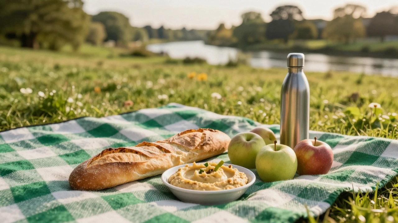 Budget picnic with bread and fruit on a blanket in a green English park