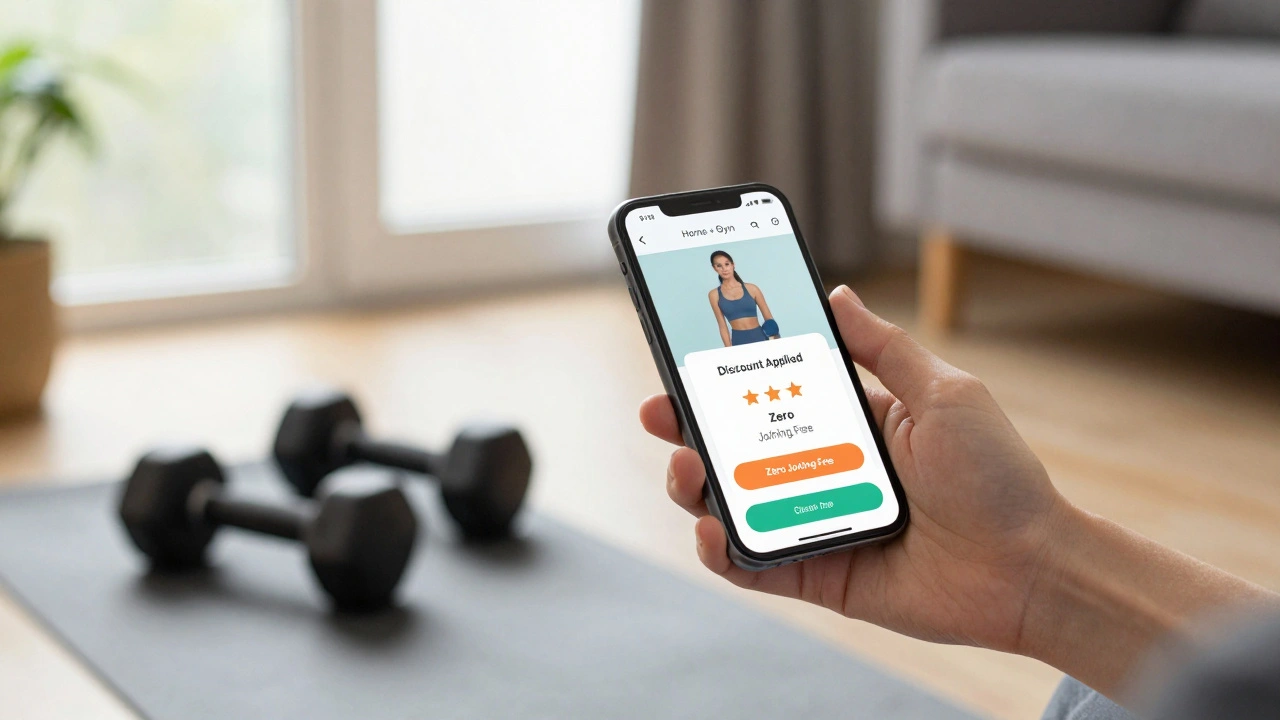 Close-up of a gym app on a phone with dumbbells in a home setting