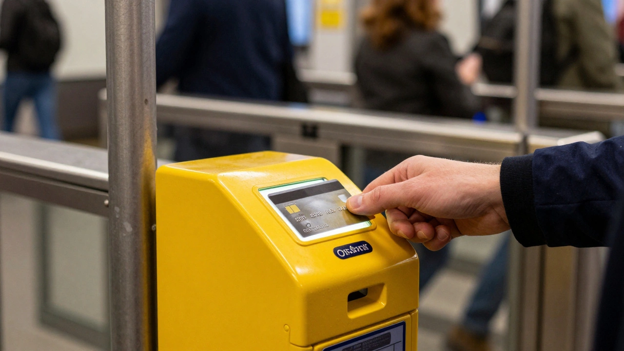 Close-up of a hand tapping a contactless card on a yellow tube reader