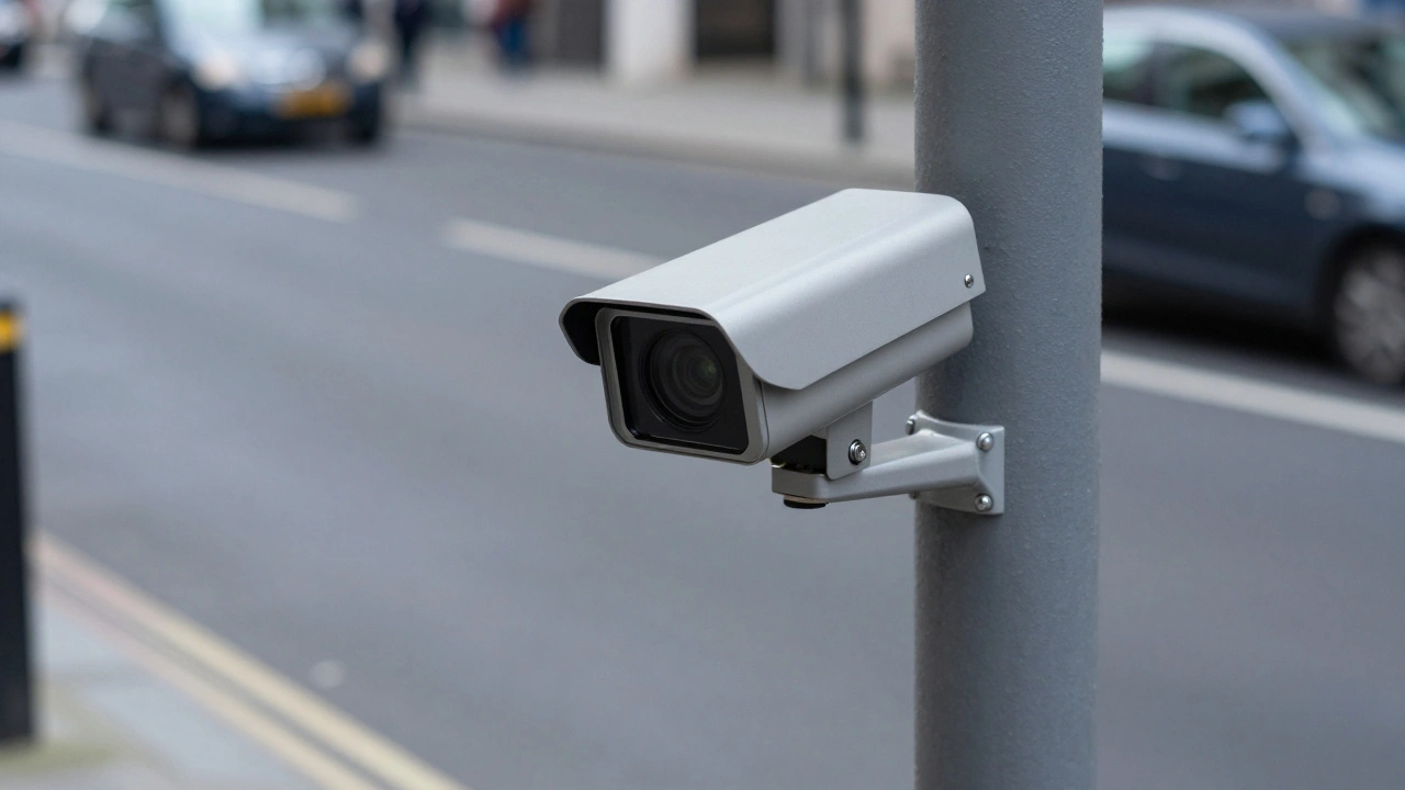 Close-up of an ANPR camera monitoring vehicle license plates on a London street.