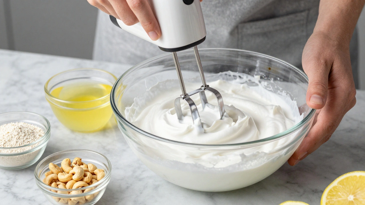 Close-up of aquafaba being whipped into peaks next to nutritional yeast and lemon juice.