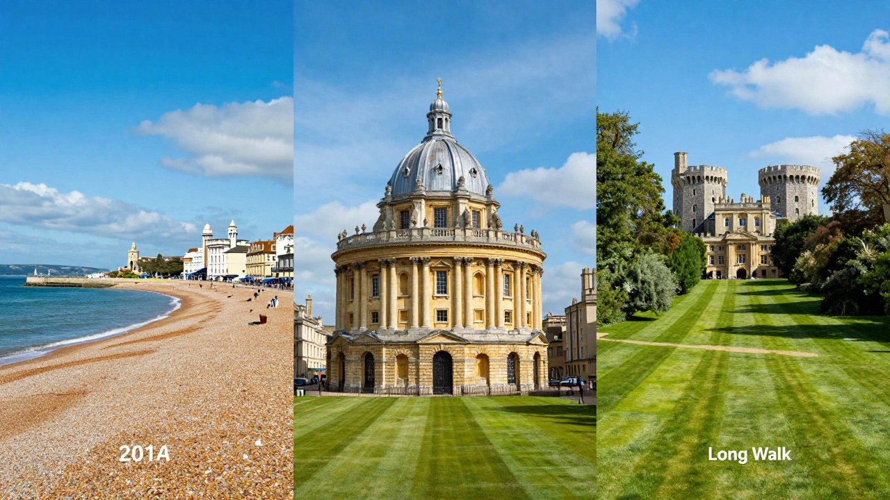 Collage of Brighton beach, Oxford spires, and Windsor's Long Walk