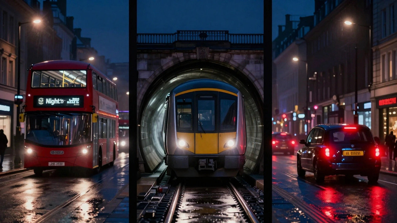 Comparison of a Night Tube train, a red night bus, and a car at night