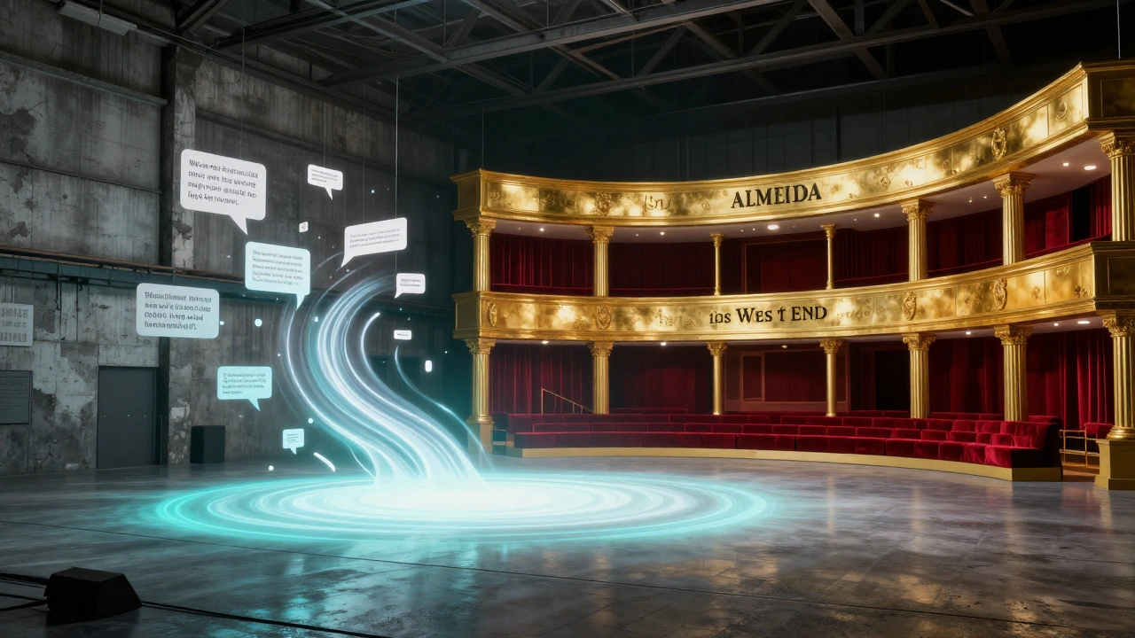 Conceptual art showing the transition from a raw warehouse stage to a grand theatre auditorium.