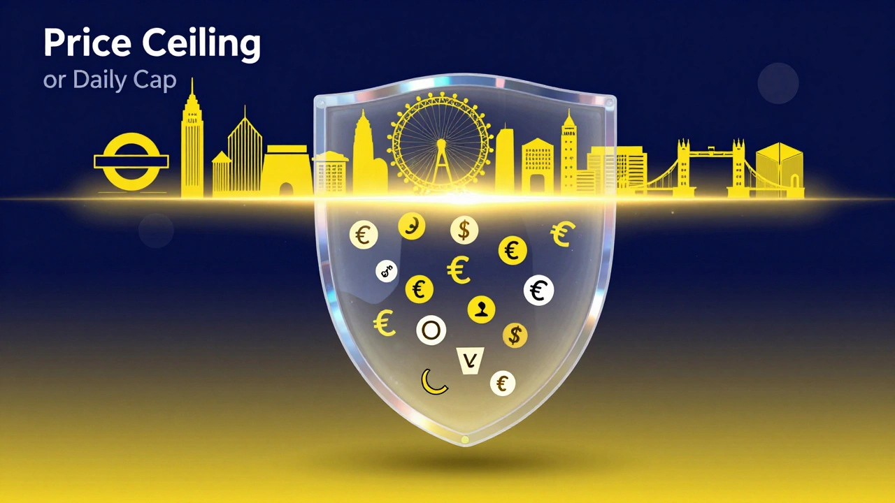 Conceptual illustration of a golden price ceiling protecting a traveler from overspending on London transport.