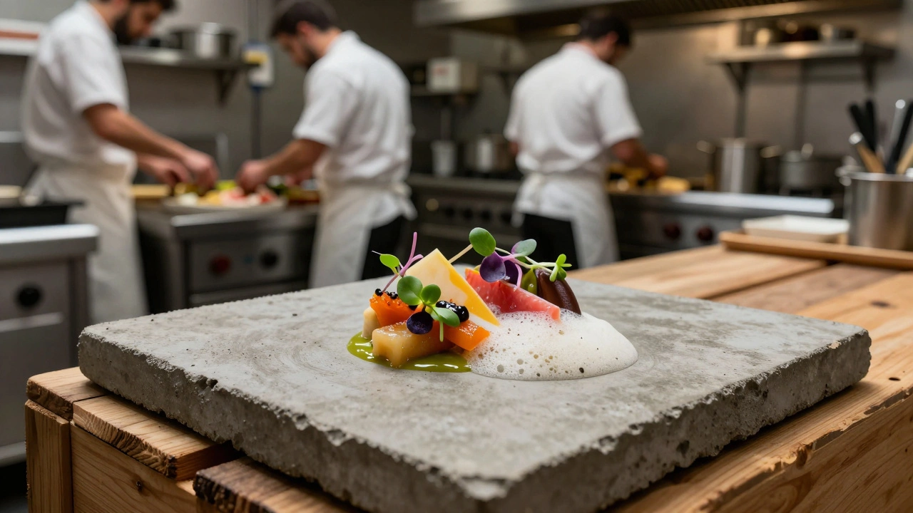 Experimental gourmet dish plated on a rustic concrete surface in a pop-up kitchen.