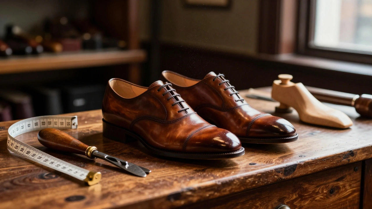Handcrafted leather shoes and traditional tools on a wooden workbench in a London workshop