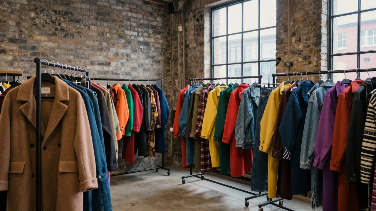 Interior of a Shoreditch vintage clothing store with archival fashion on industrial racks