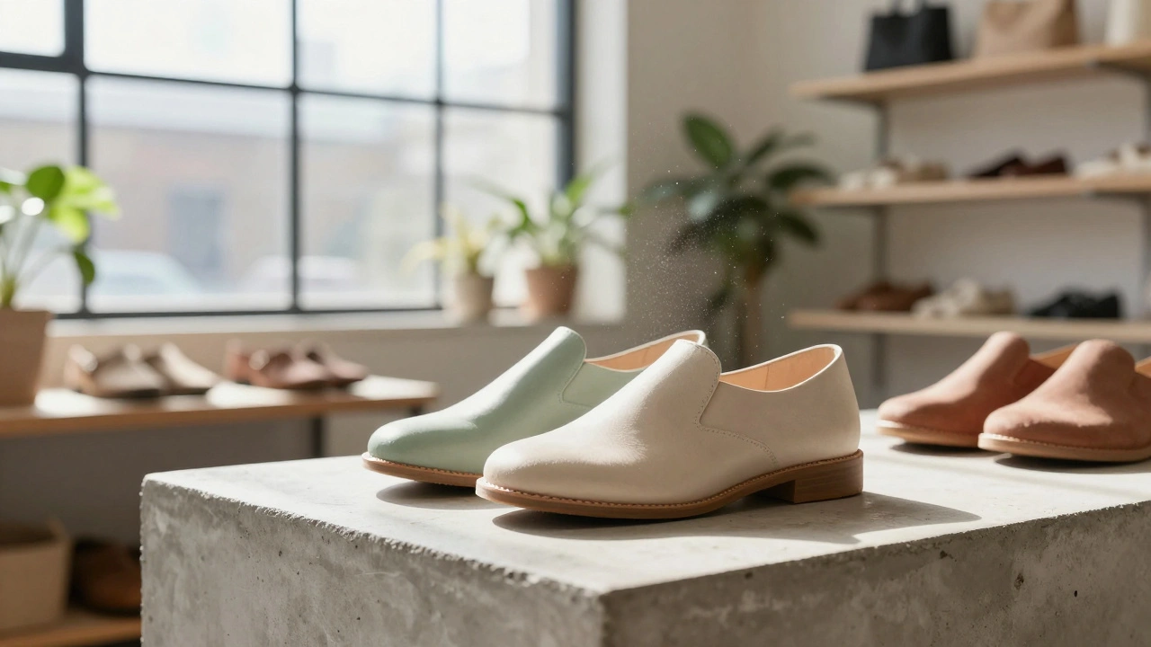 Minimalist sustainable vegan shoes displayed in a bright Shoreditch design studio.